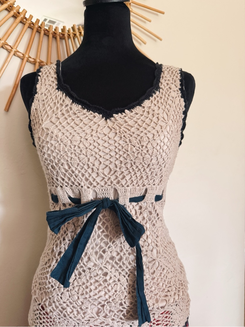 Crochet Lace Tank with Balck Tie